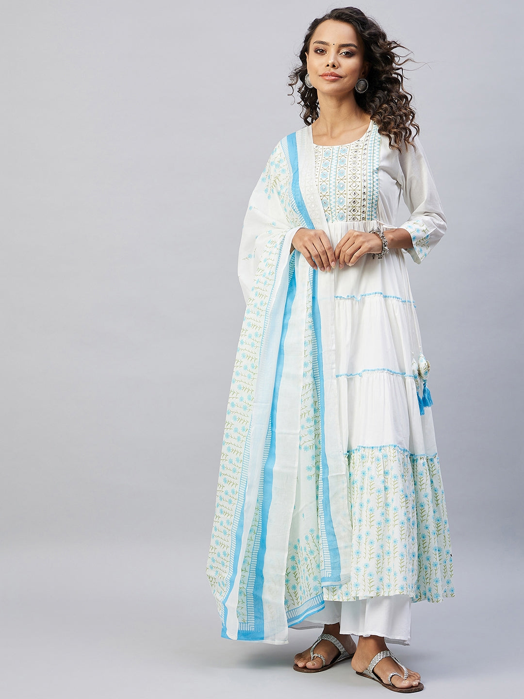 InWeave Women's Sky Blue White Mirror Print Kurta With Dupatta - Distacart