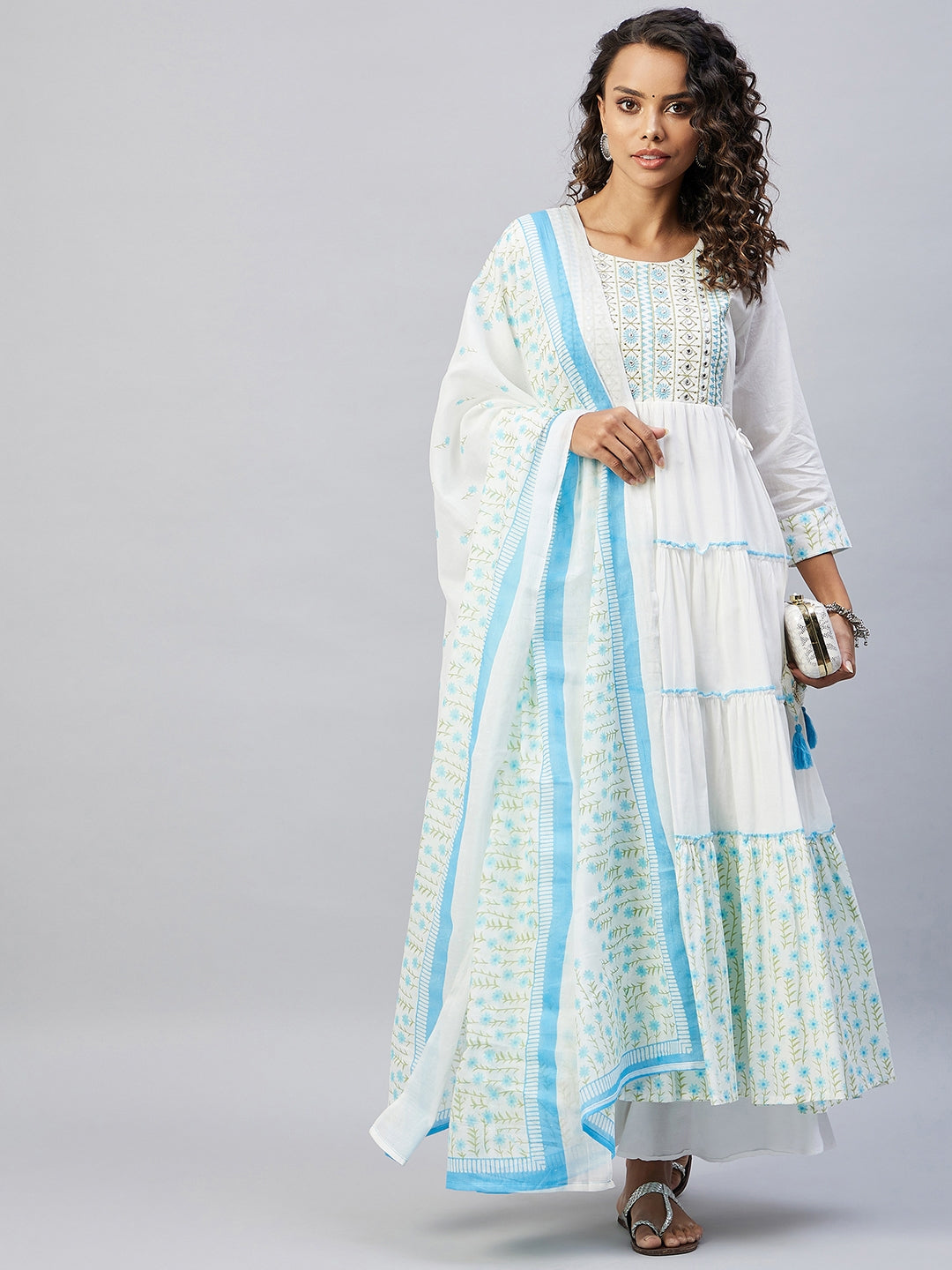 InWeave Women's Sky Blue White Mirror Print Kurta With Dupatta - Distacart