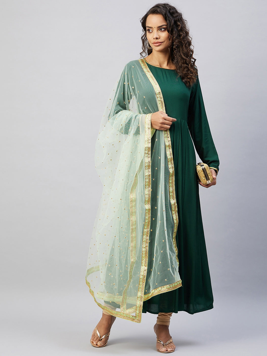 InWeave Women's Green Solid Long Kurta With Mint Green Net Dupatta - Distacart