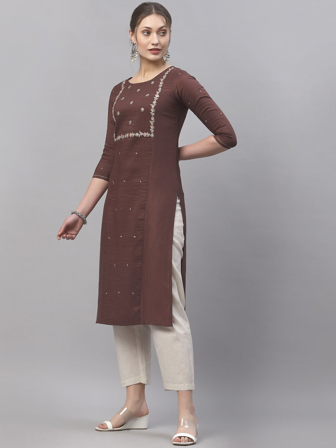 Kalini Women Brown Ethnic Motifs Embroidered Thread Work Kurta - Distacart