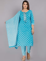 Thumbnail for Kalini Women Blue Ethnic Motifs Printed Pure Cotton Kurta with Trousers & With Dupatta - Distacart
