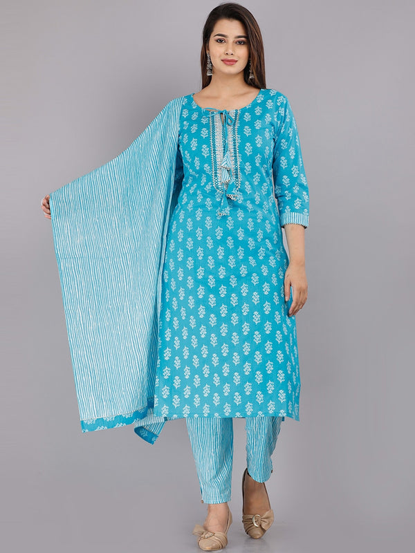 Kalini Women Blue Ethnic Motifs Printed Pure Cotton Kurta with Trousers & With Dupatta - Distacart