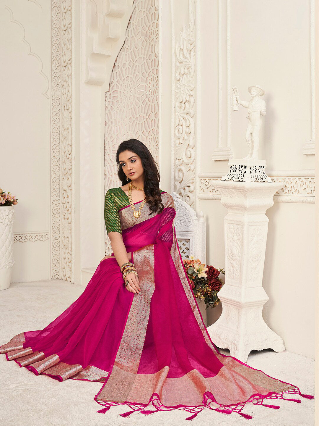 Mitera Magenta & Gold-Toned Woven Design Zari Organza Saree - Distacart