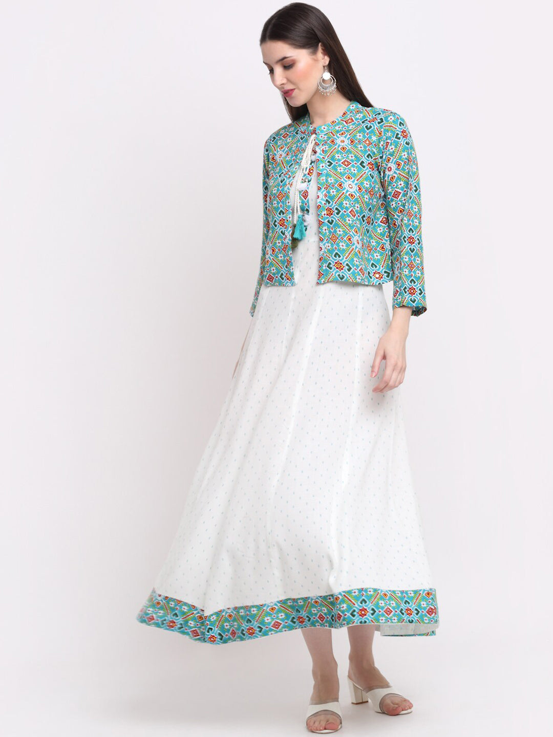 Kalini Women White & Sea Green Ethnic Motifs Printed Anarkali Kurta - Distacart