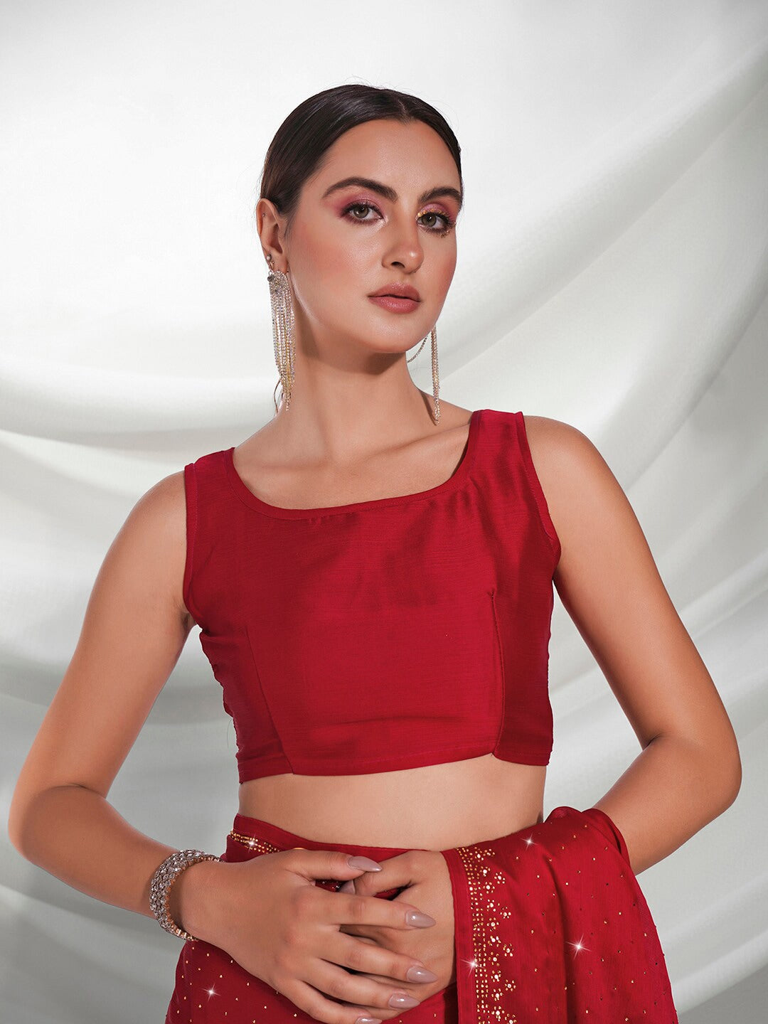 Mitera Red Embellished Beads and Stones Satin Saree - Distacart