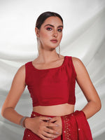 Thumbnail for Mitera Red Embellished Beads and Stones Satin Saree - Distacart