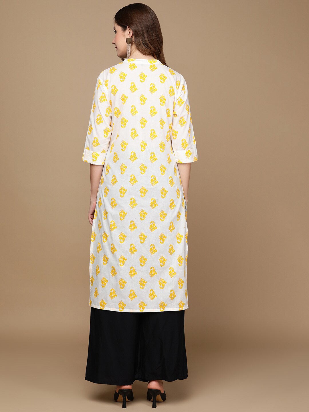 HERE&NOW White & Yellow Floral Printed Sequined Pure Cotton Kurta - Distacart
