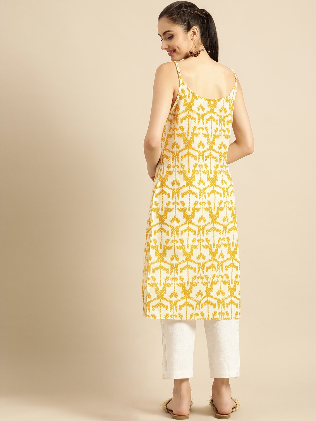 Sangria Women Mustard Yellow & Yellow Printed Cotton Kurta - Distacart