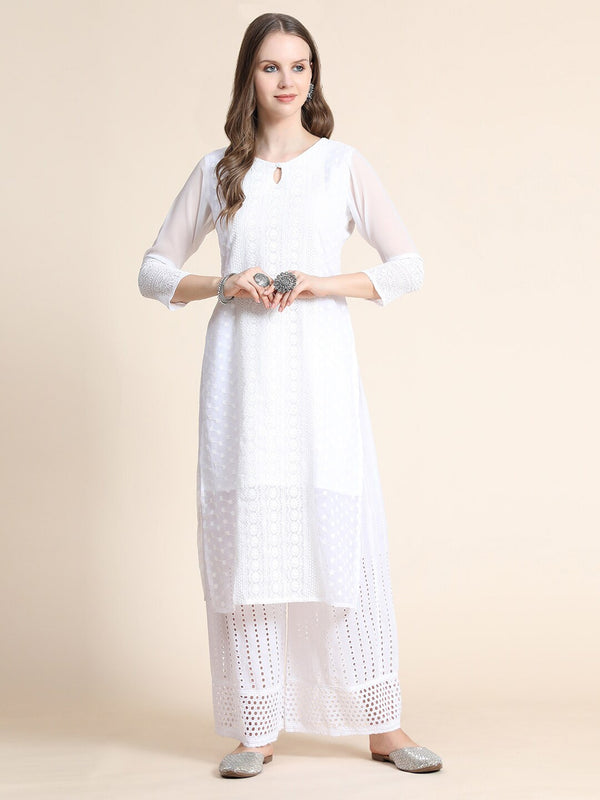 Kalini Women White Ethnic Motifs Embroidered Georgette Kurta - Distacart