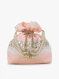 Thumbnail for Anekaant Pink & White Embellished Tasselled Potli Clutch - Distacart