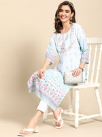 Thumbnail for Sangria Women Turquoise Blue Floral Embroidered Kurta - Distacart