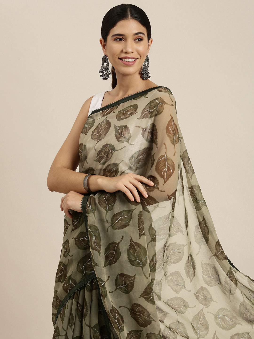 Sangria Olive Green Leaf Print Pure Chiffon Saree - Distacart