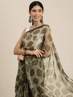 Thumbnail for Sangria Olive Green Leaf Print Pure Chiffon Saree - Distacart