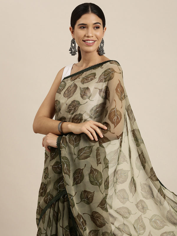 Sangria Olive Green Leaf Print Pure Chiffon Saree - Distacart