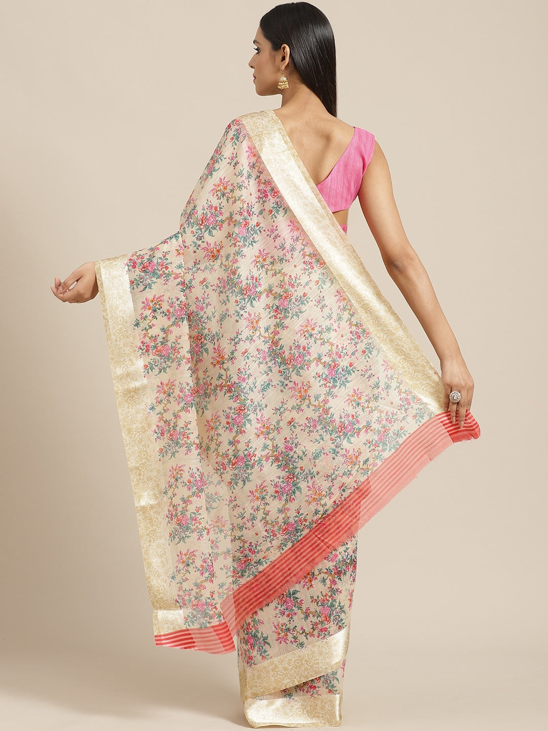 Saree Mall Cream-Coloured & Pink Floral Print Saree - Distacart