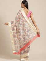 Thumbnail for Saree Mall Cream-Coloured & Pink Floral Print Saree - Distacart