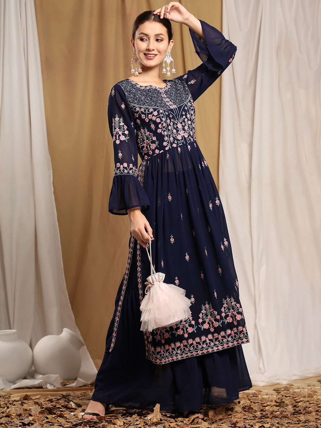 Kalini Women Navy Blue Floral Embroidered Thread Work Kurta with Sharara - Distacart