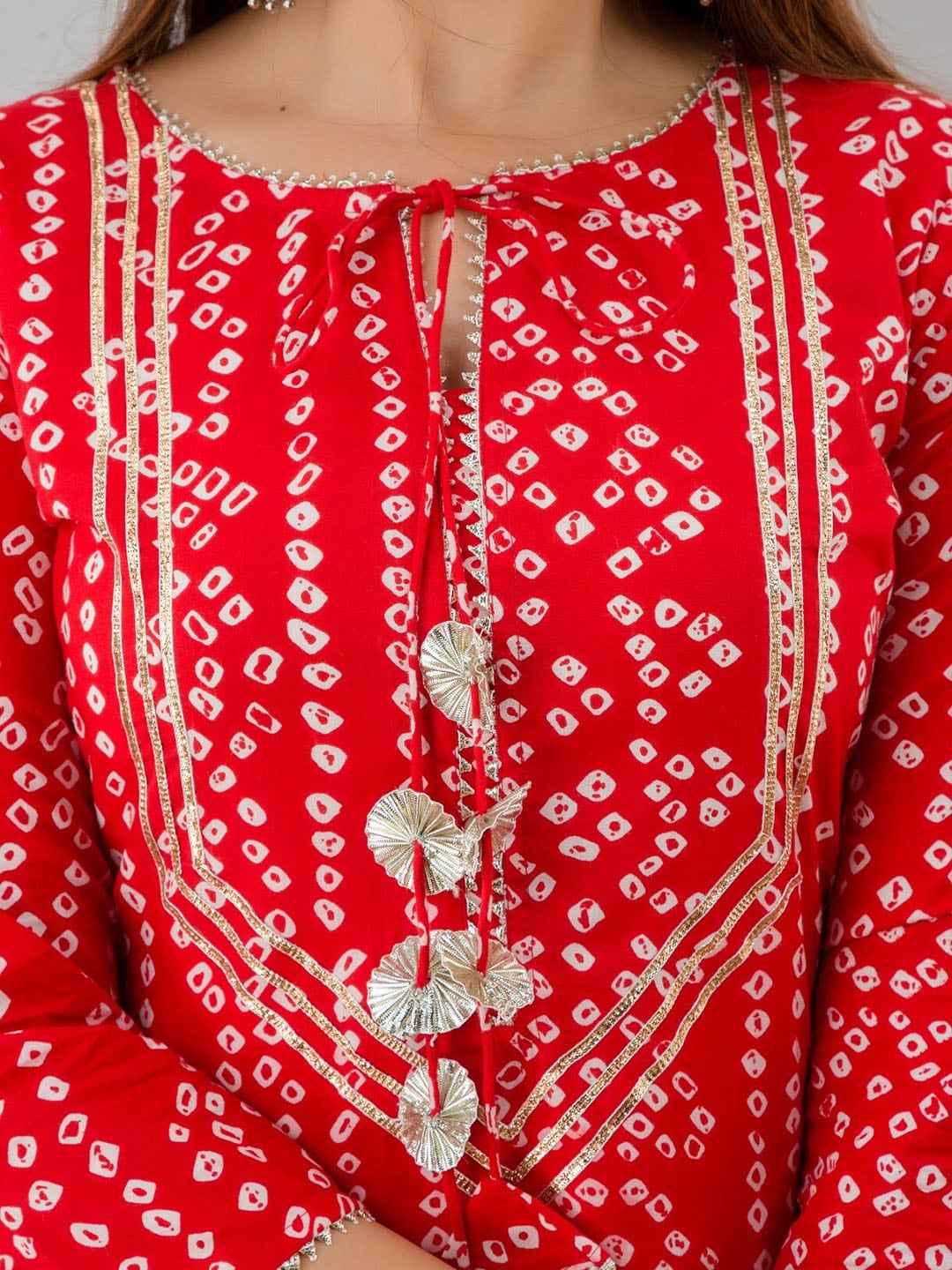 HERE&NOW Red & Gold-Toned Bandhani Printed Gotta Patti Kurta with Sharara - Distacart