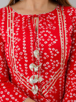 Thumbnail for HERE&NOW Red & Gold-Toned Bandhani Printed Gotta Patti Kurta with Sharara - Distacart