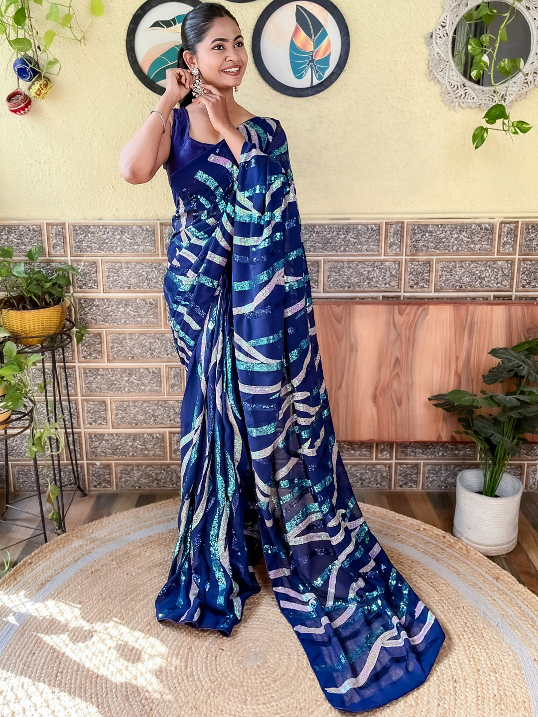 Mitera Embellished Sequinned Pure Georgette Saree - Distacart