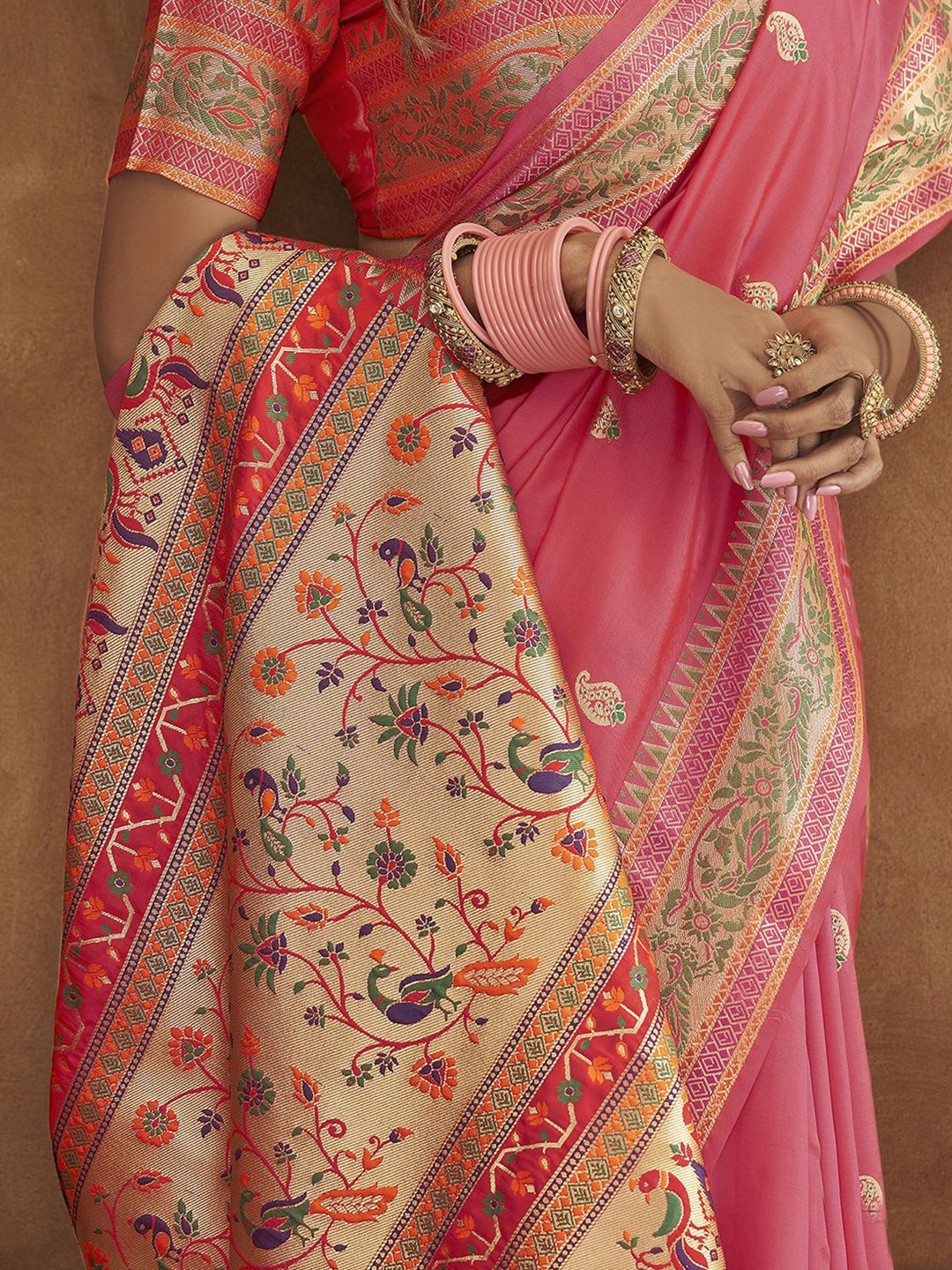 Mitera Pink & Beige Woven Design Zari Silk Blend Paithani Saree - Distacart