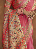 Thumbnail for Mitera Pink & Beige Woven Design Zari Silk Blend Paithani Saree - Distacart