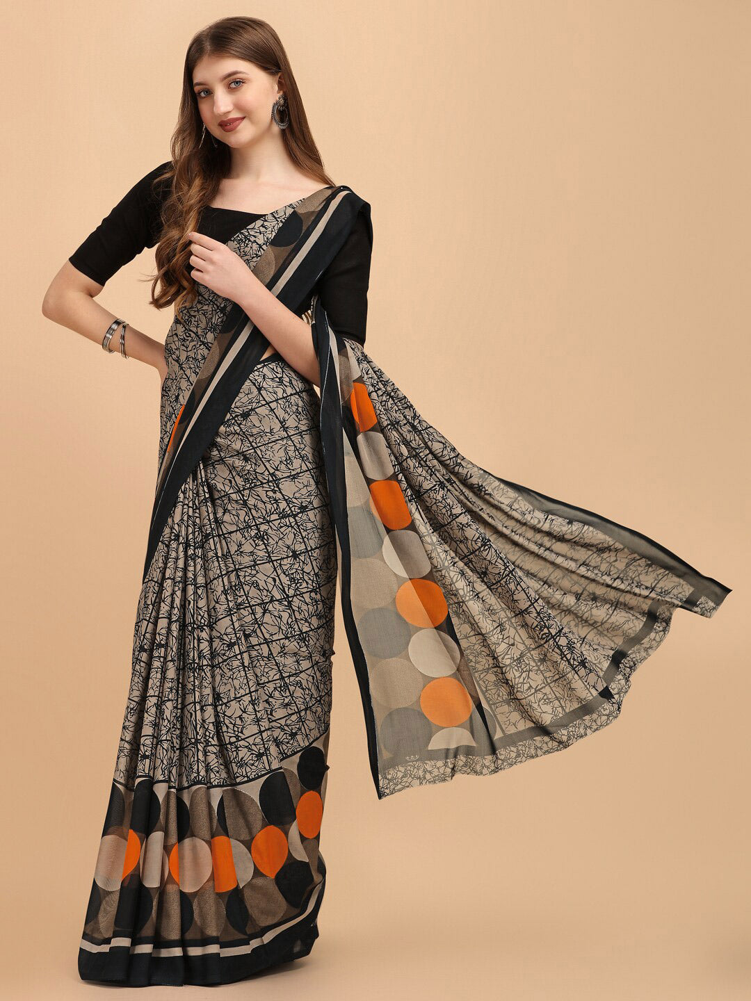 Sangria Black & Beige Pure Georgette Saree - Distacart
