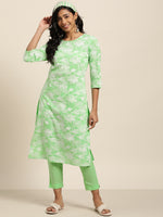Thumbnail for Sangria Women Green Floral Printed Pure Cotton Kurta with Trousers - Distacart