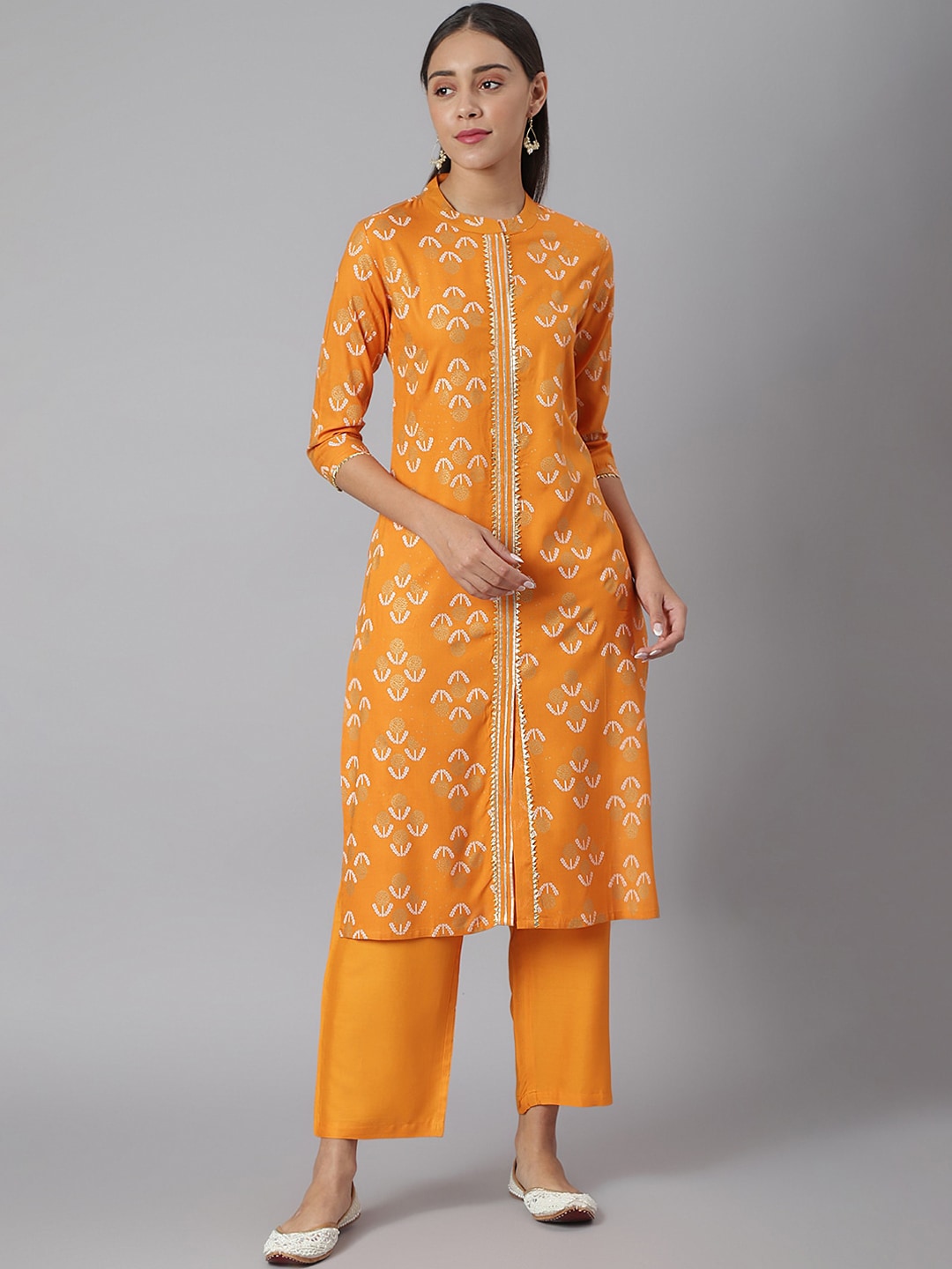 Khushal K Women Mustard Yellow Floral Printed Regular Kurta with Palazzos - Distacart