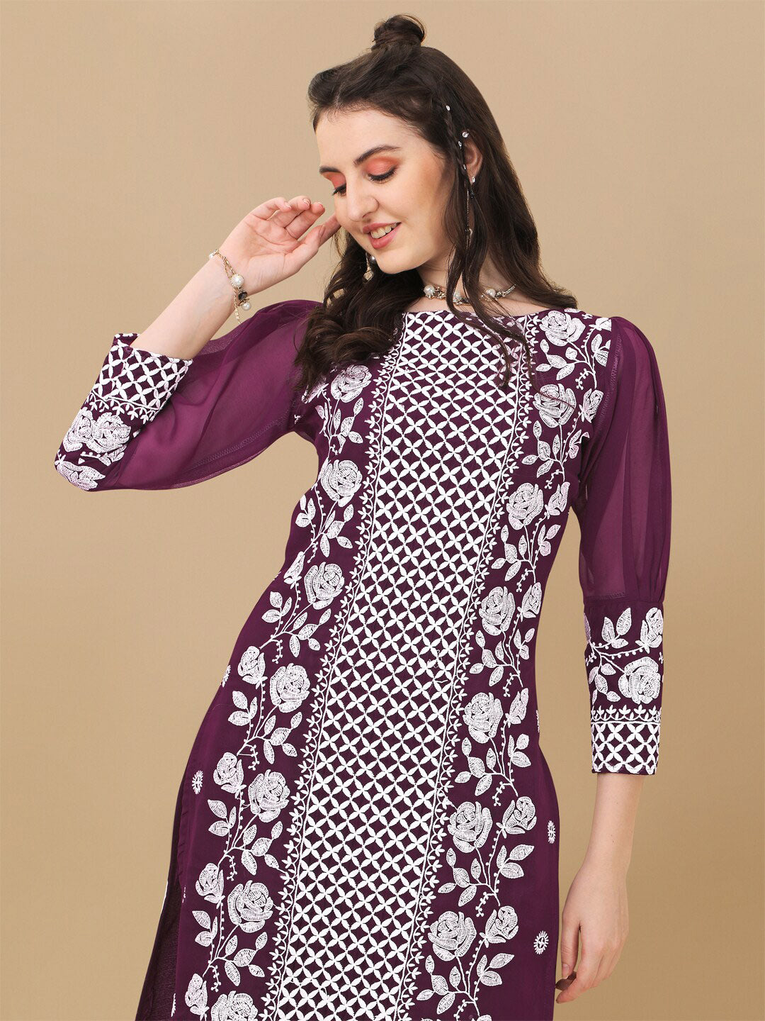 HERE&NOW Floral Embroidered Chikankari Kurta with Trousers & Dupatta - Distacart