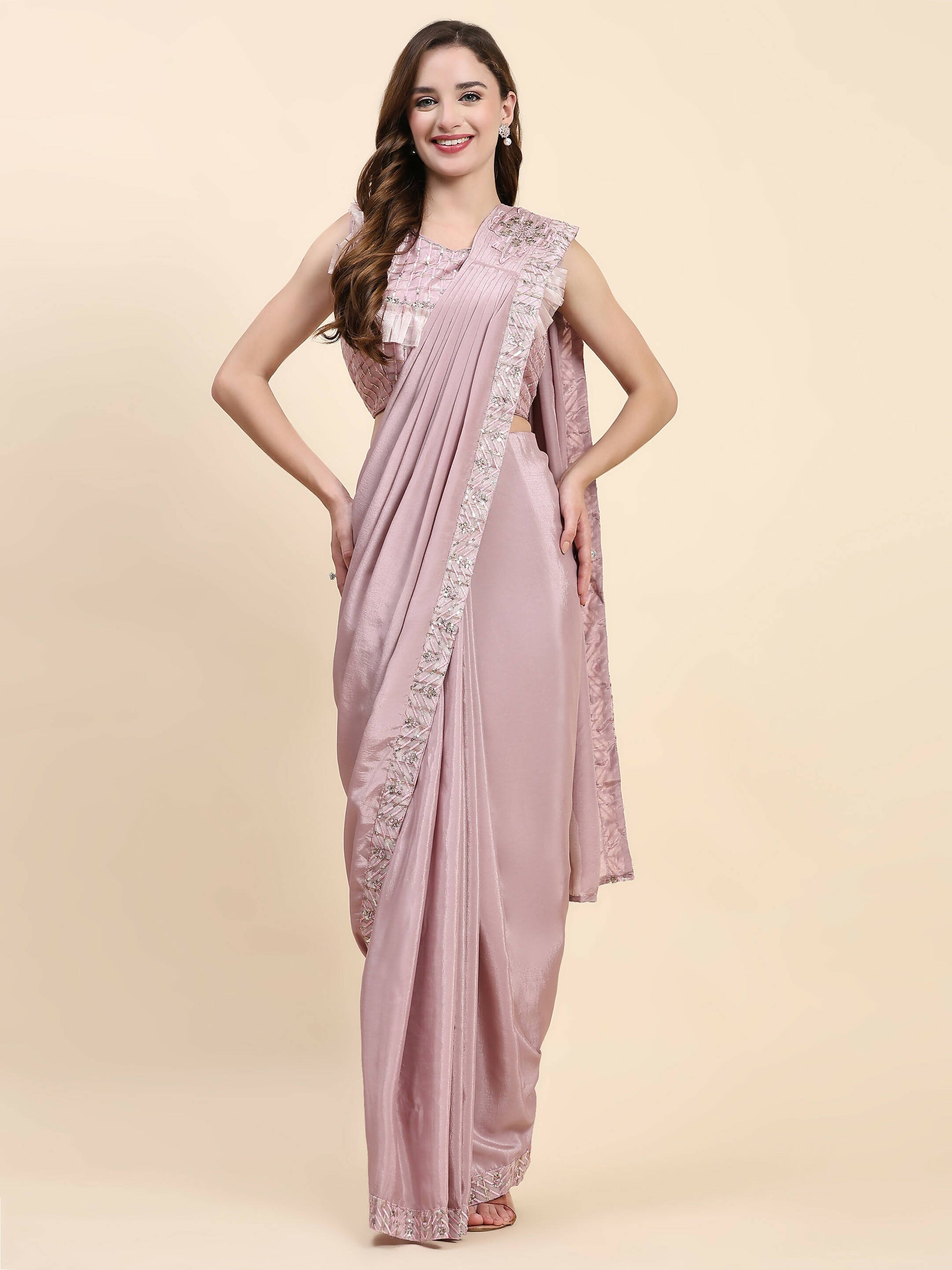 Pink Silk Satin Solid Ready to wear Saree with stitched Blouse - Satiksha - Distacart