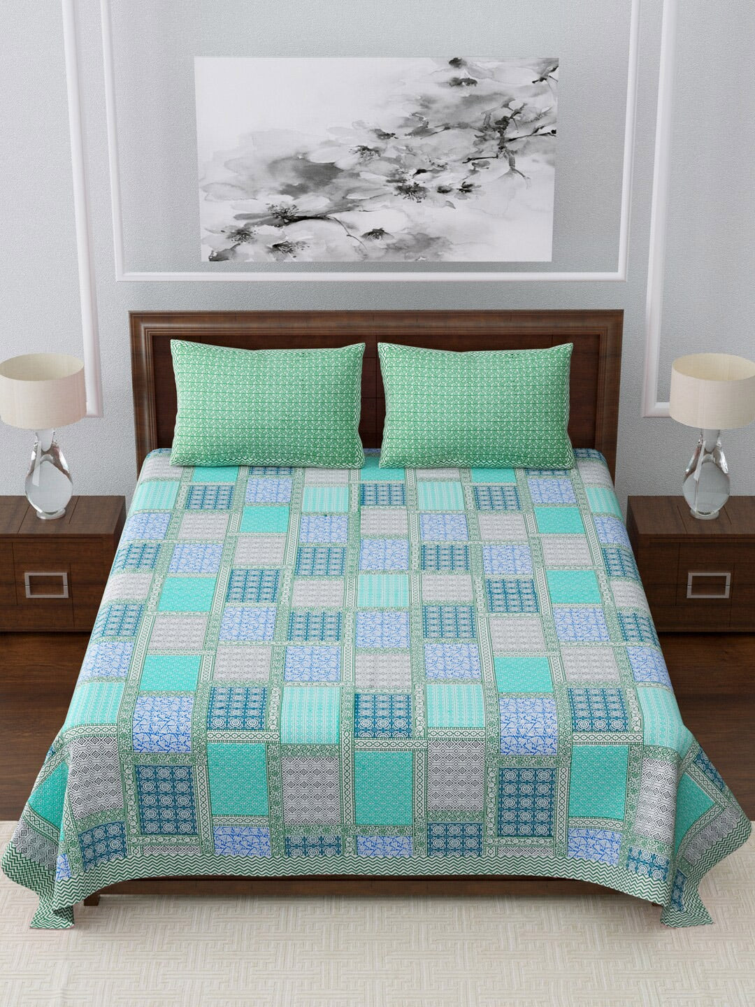 LIVING ROOTS Blue & Green Jaipur Printed 210 TC King Bedsheet with 2 Pillow Covers - Distacart