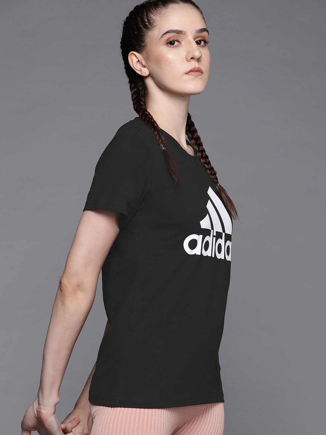 Adidas Women Black & White Brand Logo Printed T-shirt - Distacart