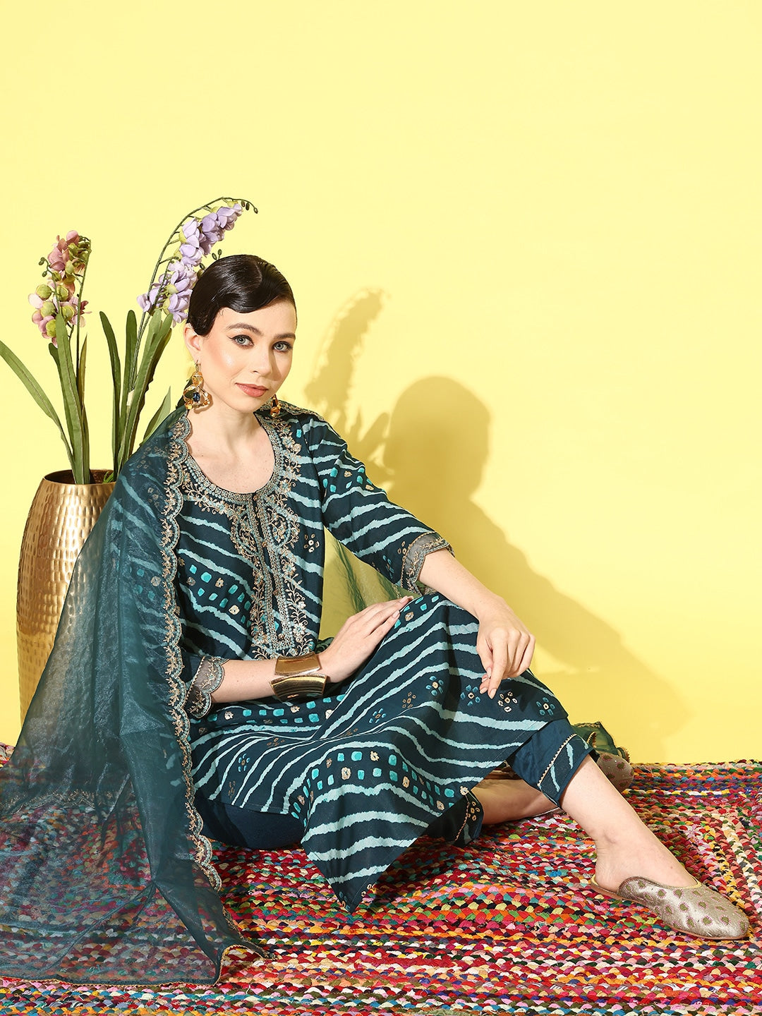 Sangria Women Leheriya Printed Regular Thread Work Kurta with Trousers & With Dupatta - Distacart