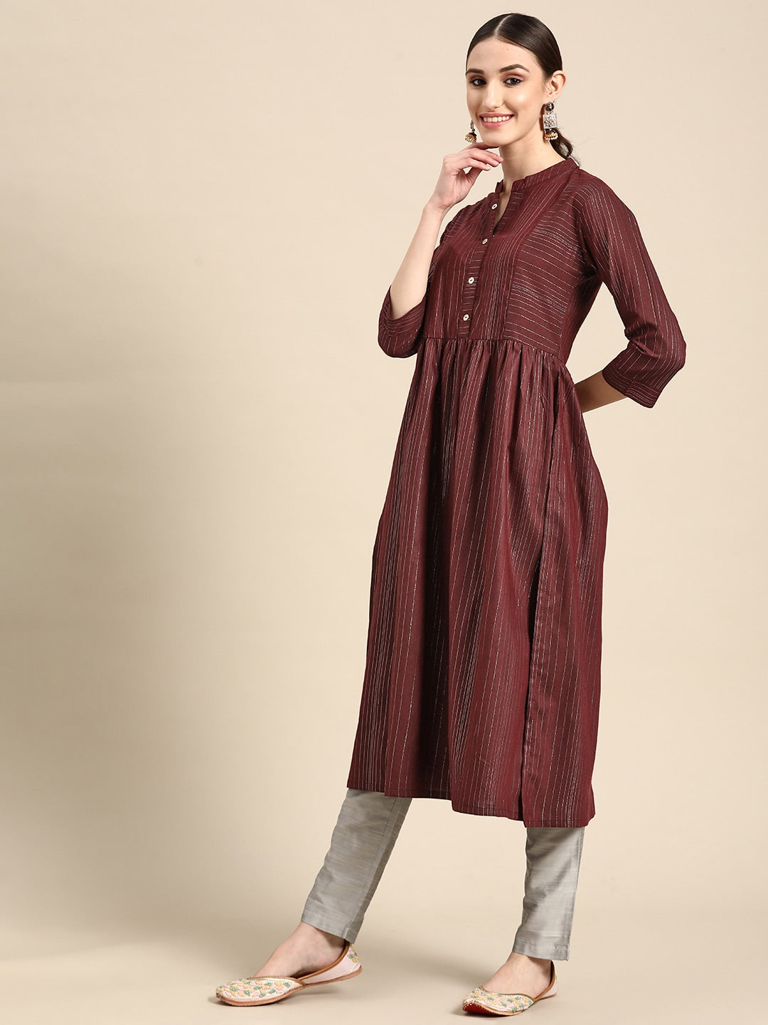 Sangria Women Maroon Striped A-Line Kurta - Distacart