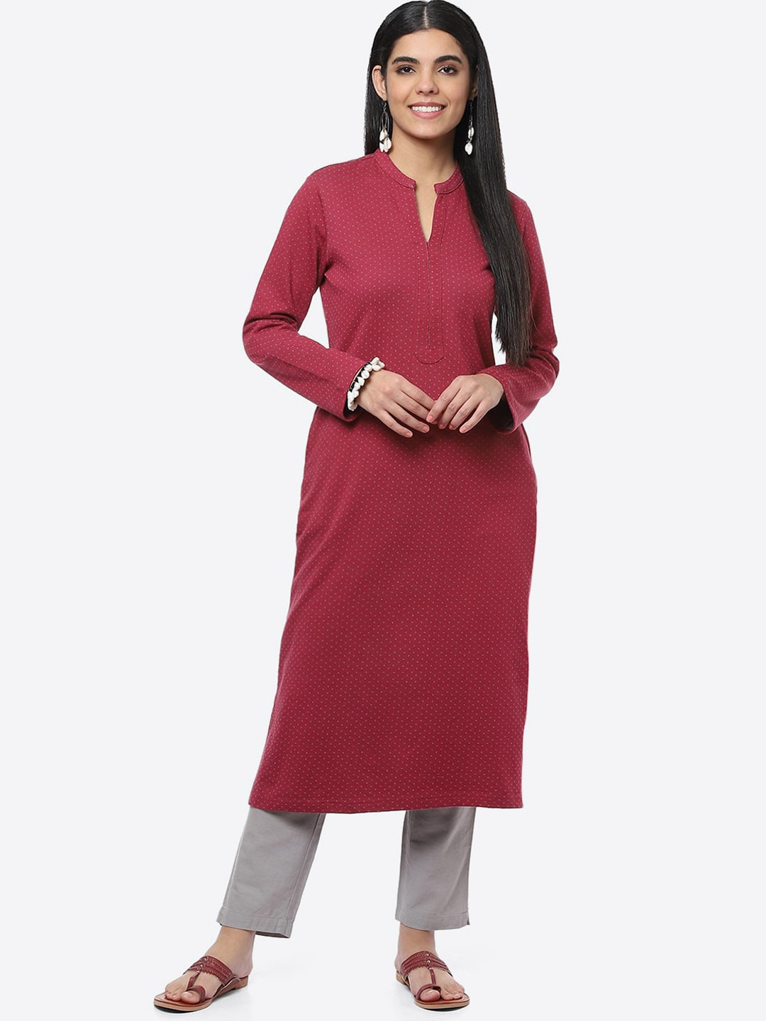 Biba Printed Band Neck Straight Cotton Kurta - Distacart