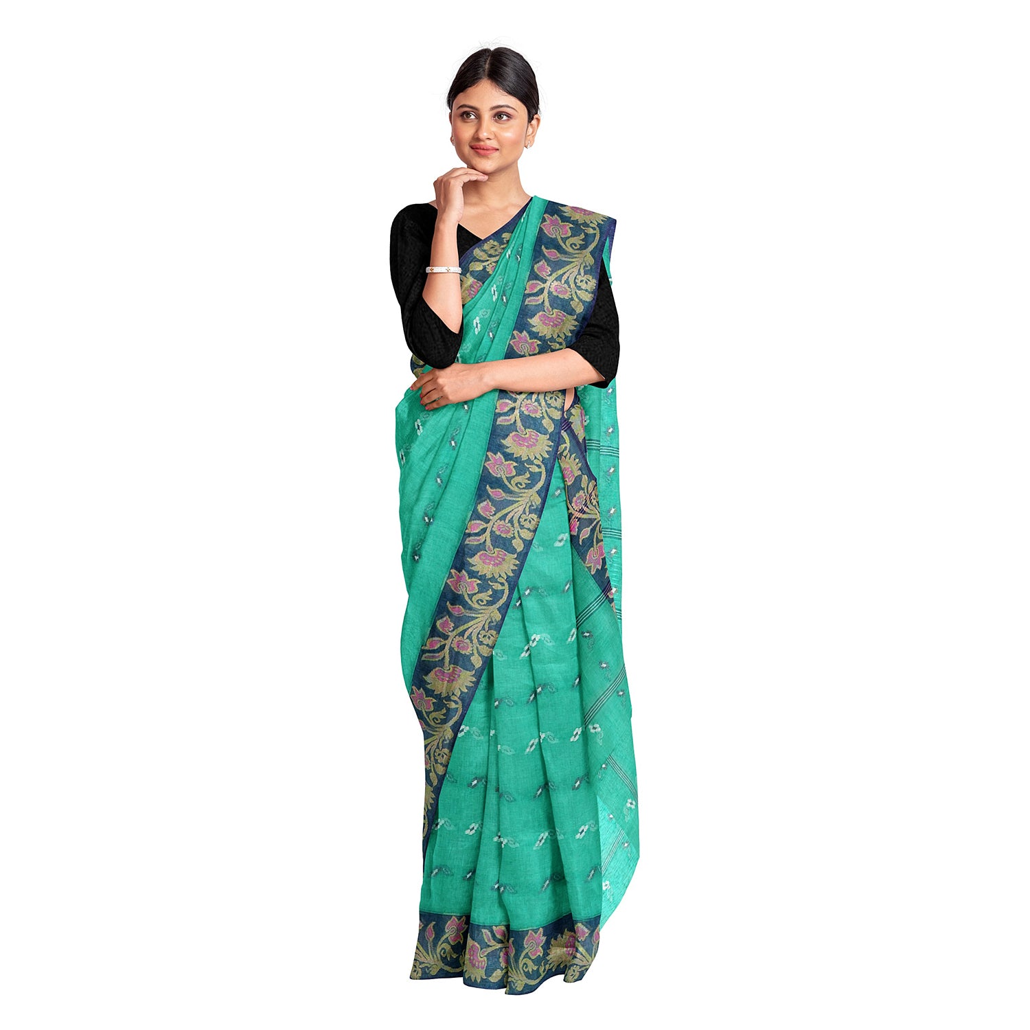 Exclusive Collection 100% Pure Cotton Green Tant Saree With Hand Weaving Work - Distacart