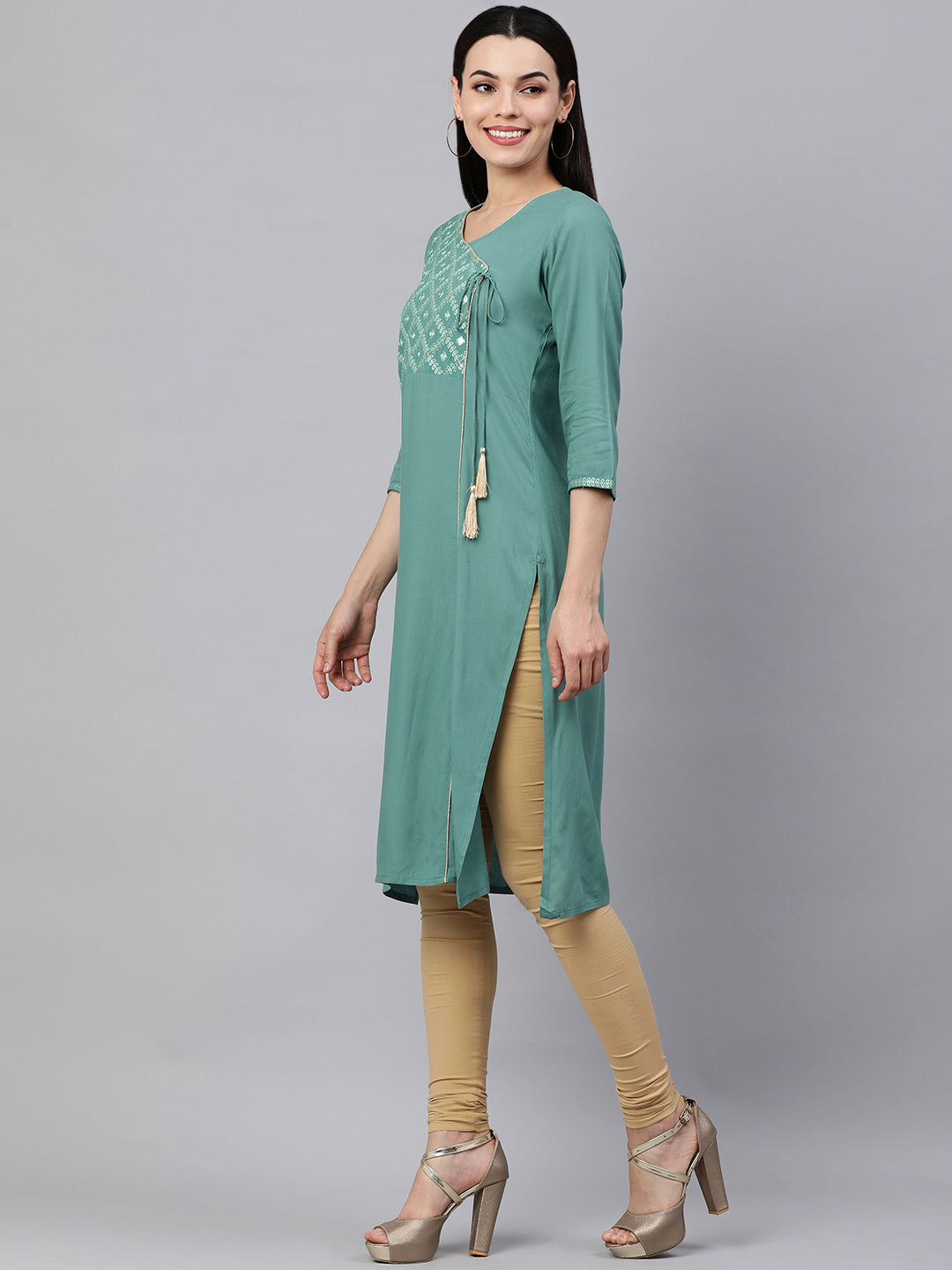 Kalini Women Sea Green Ethnic Motifs Embroidered Angrakha Kurta - Distacart