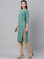 Thumbnail for Kalini Women Sea Green Ethnic Motifs Embroidered Angrakha Kurta - Distacart