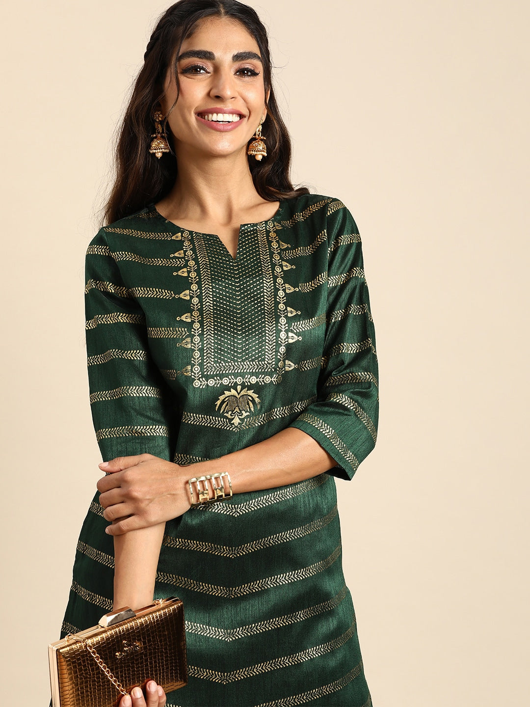 Sangria Women Green & Gold- Toned Ethnic Motifs Printed Kurta with Salwar - Distacart