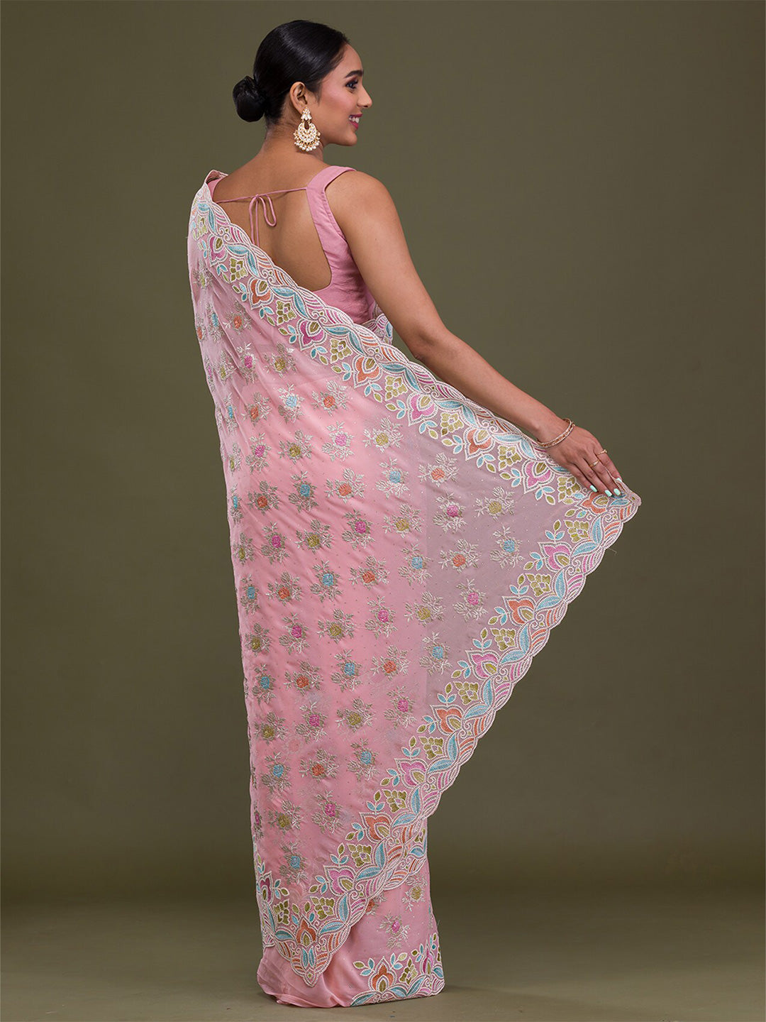 Koskii Floral Embroidered Beads and Stones Saree - Distacart