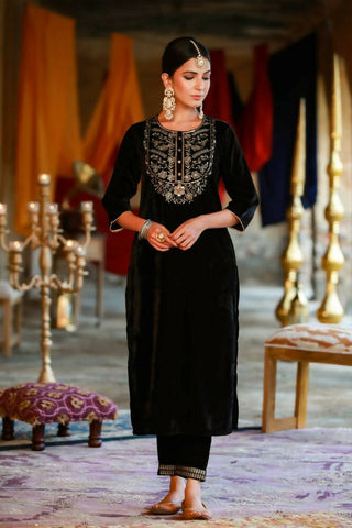 Juniper Women Black Velvet Embroidered Straight Kurta Sets - Distacart
