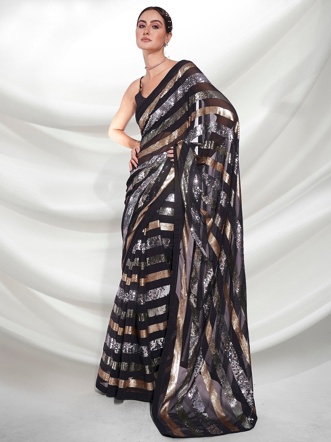 Mitera Black & Gold-Toned Striped Sequinned Pure Georgette Saree - Distacart