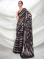 Thumbnail for Mitera Black & Gold-Toned Striped Sequinned Pure Georgette Saree - Distacart