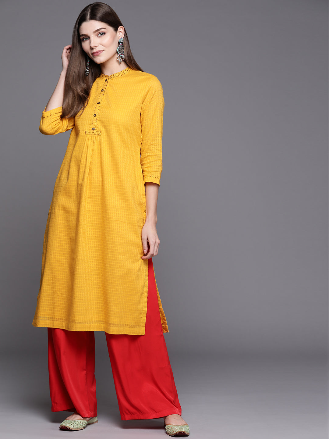 Biba Women Yellow Checked Kurta - Distacart