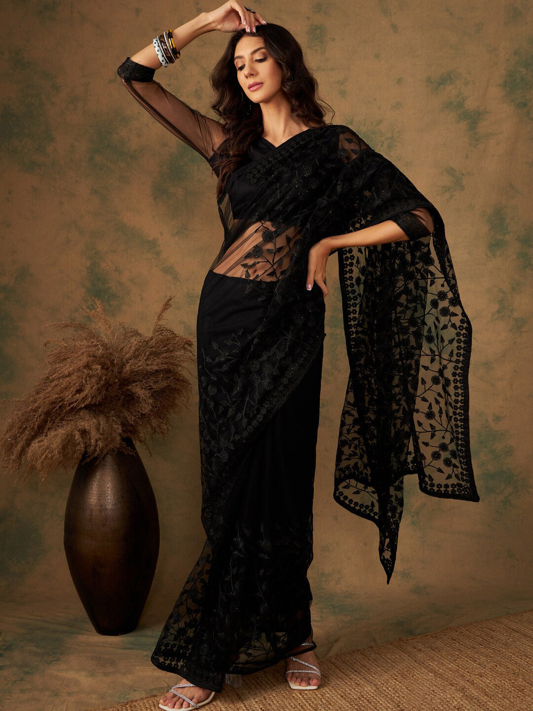 Sangria Floral Embroidered Net Saree - Distacart