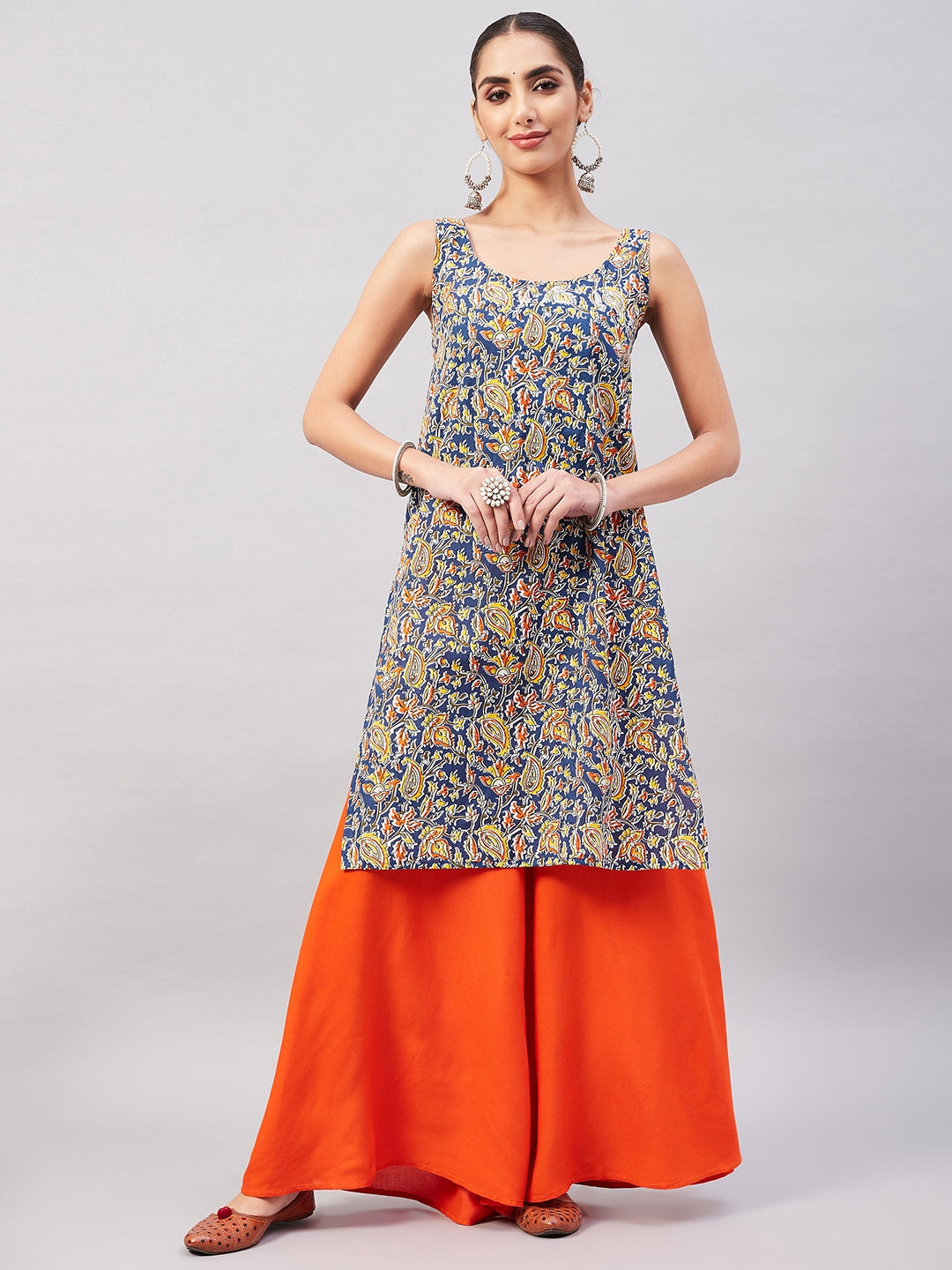 InWeave Women's Blue Kalamkari Straight Kurta Palazzo Set - Distacart