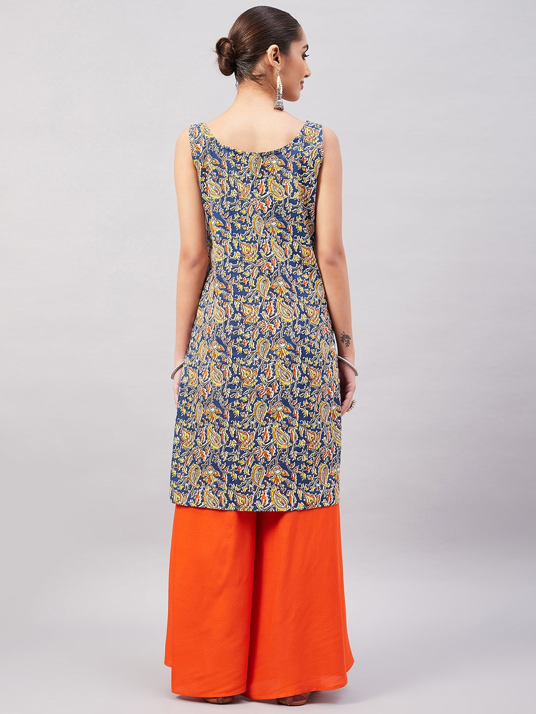 InWeave Women's Blue Kalamkari Straight Kurta Palazzo Set - Distacart