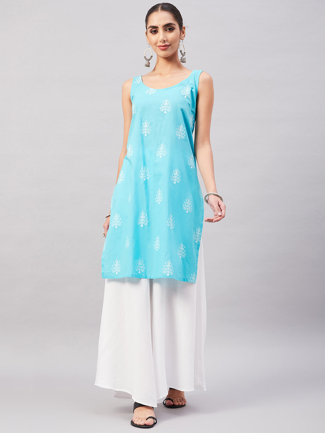 InWeave Women's Sea Blue Print Straight Kurta Palazzo Set - Distacart