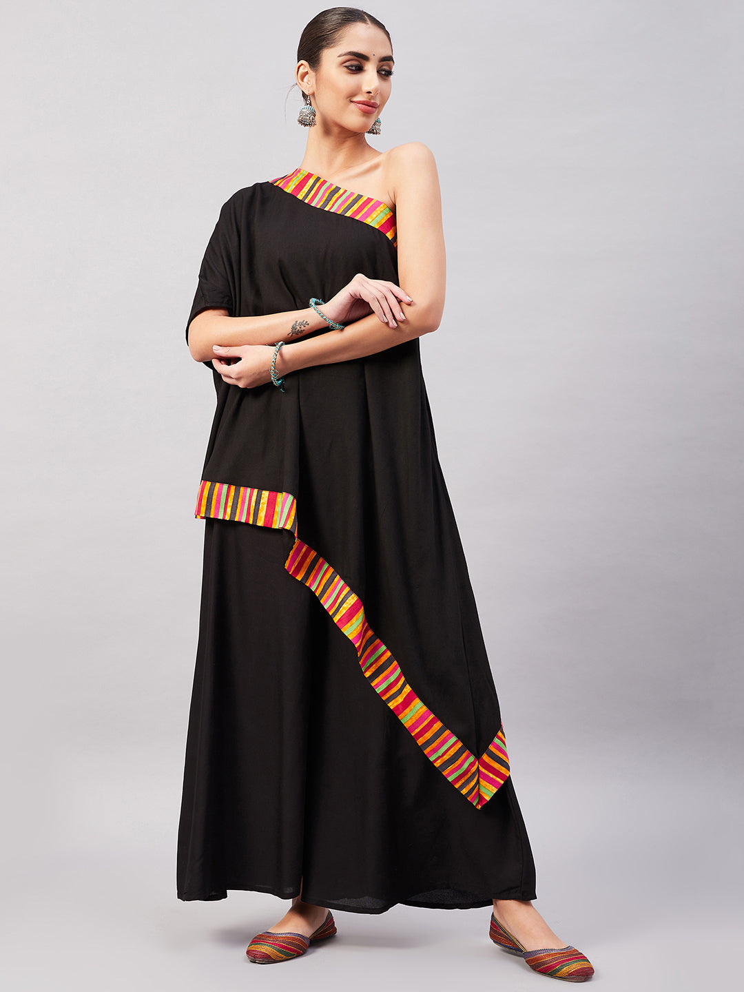 InWeave Women's Black Multi Striped One Shoulder Kurta Set - Distacart